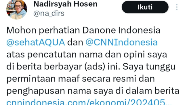 Tangkapan layar unggahan protes Nadirsyah Hosen di media sosial X