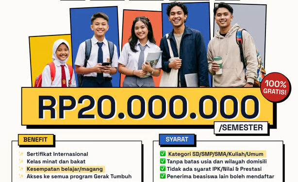 Beasiswa Gerak Tumbuh 2026 Gelombang 2 Resmi Dibuka: Rp20.000.000/Semester untuk Semua Jenjang Pendidikan Tanpa Syarat IPK